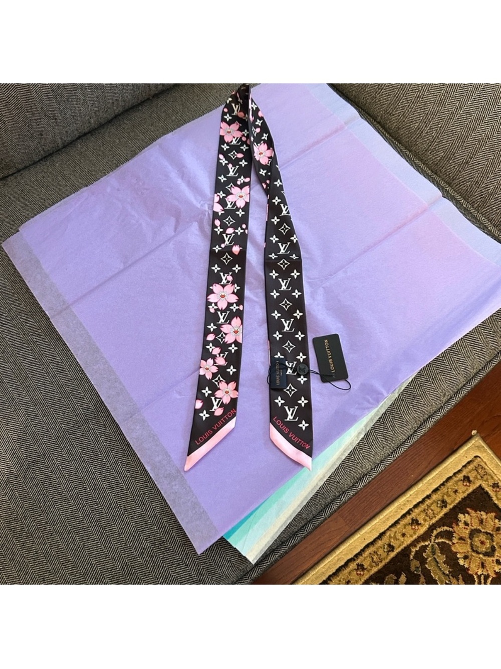 Louis Vuitton Black and Pink Monogram Floral Silk Twilly Scarf - Picture 4 of 5